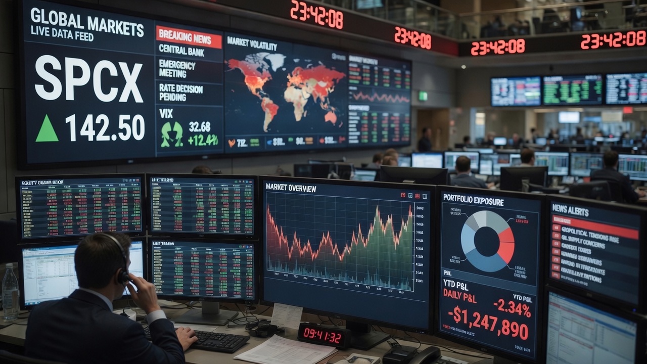Trading floor with multi-monitor workstations and large wall displays showing live market data