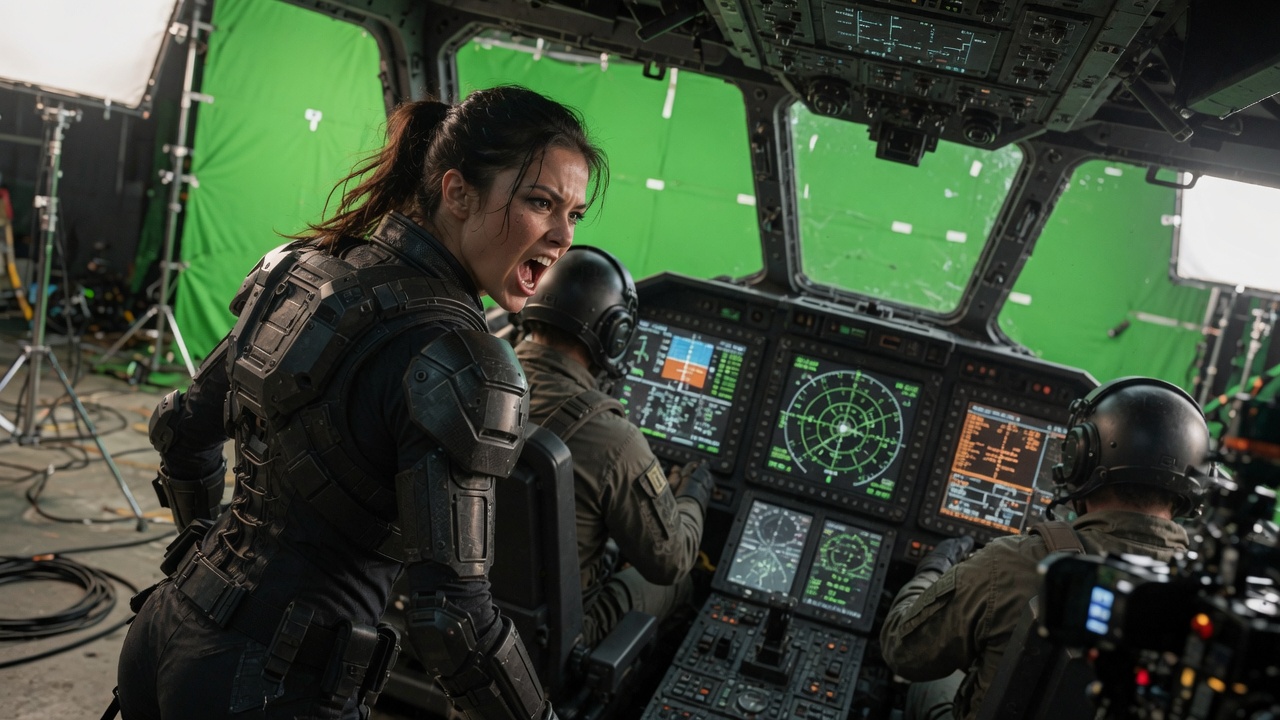 Same cockpit on green-screen set with integrated display hardware