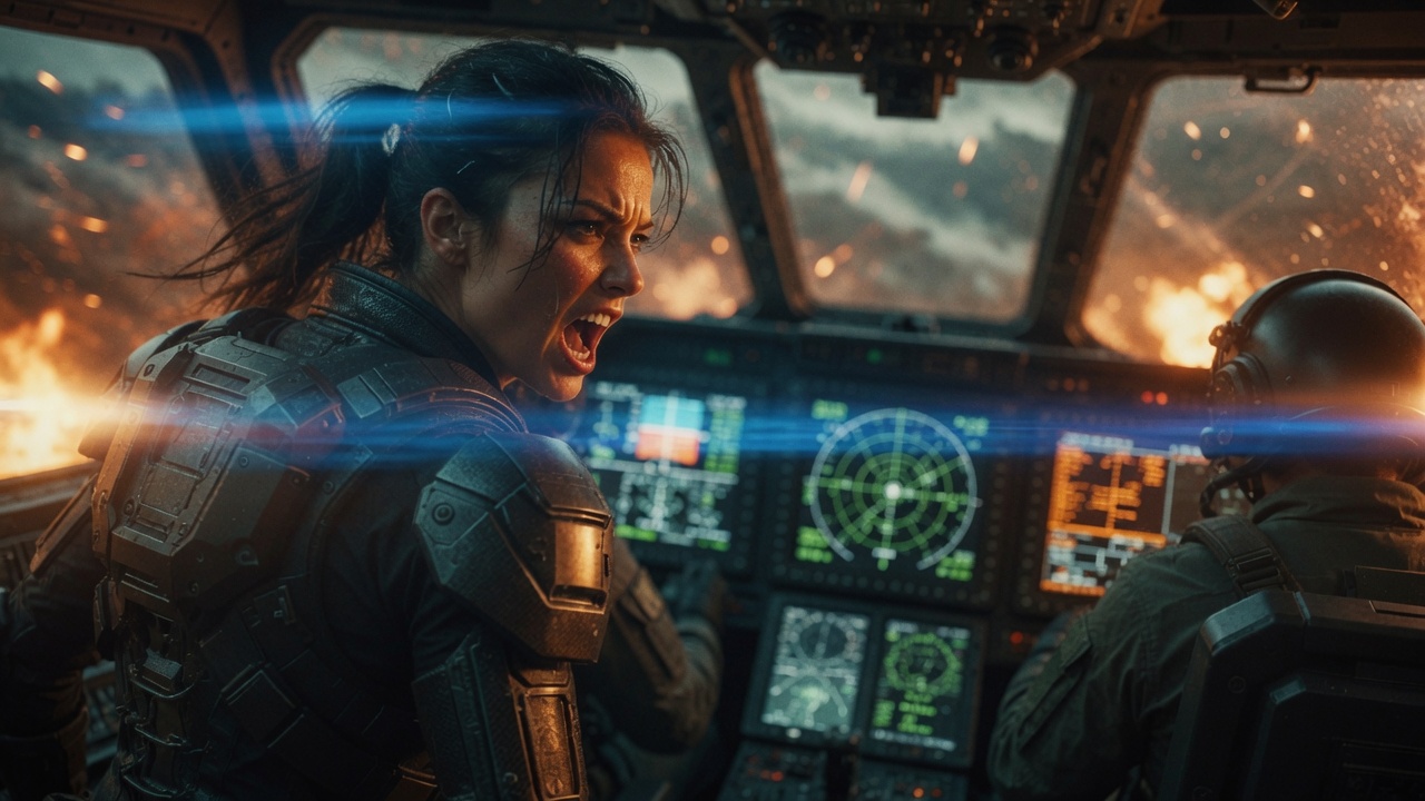 Cockpit action scene with explosions and live tactical GUI displays