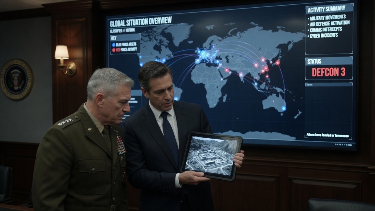 Military situation room with global overview display and tablet showing facility intelligence