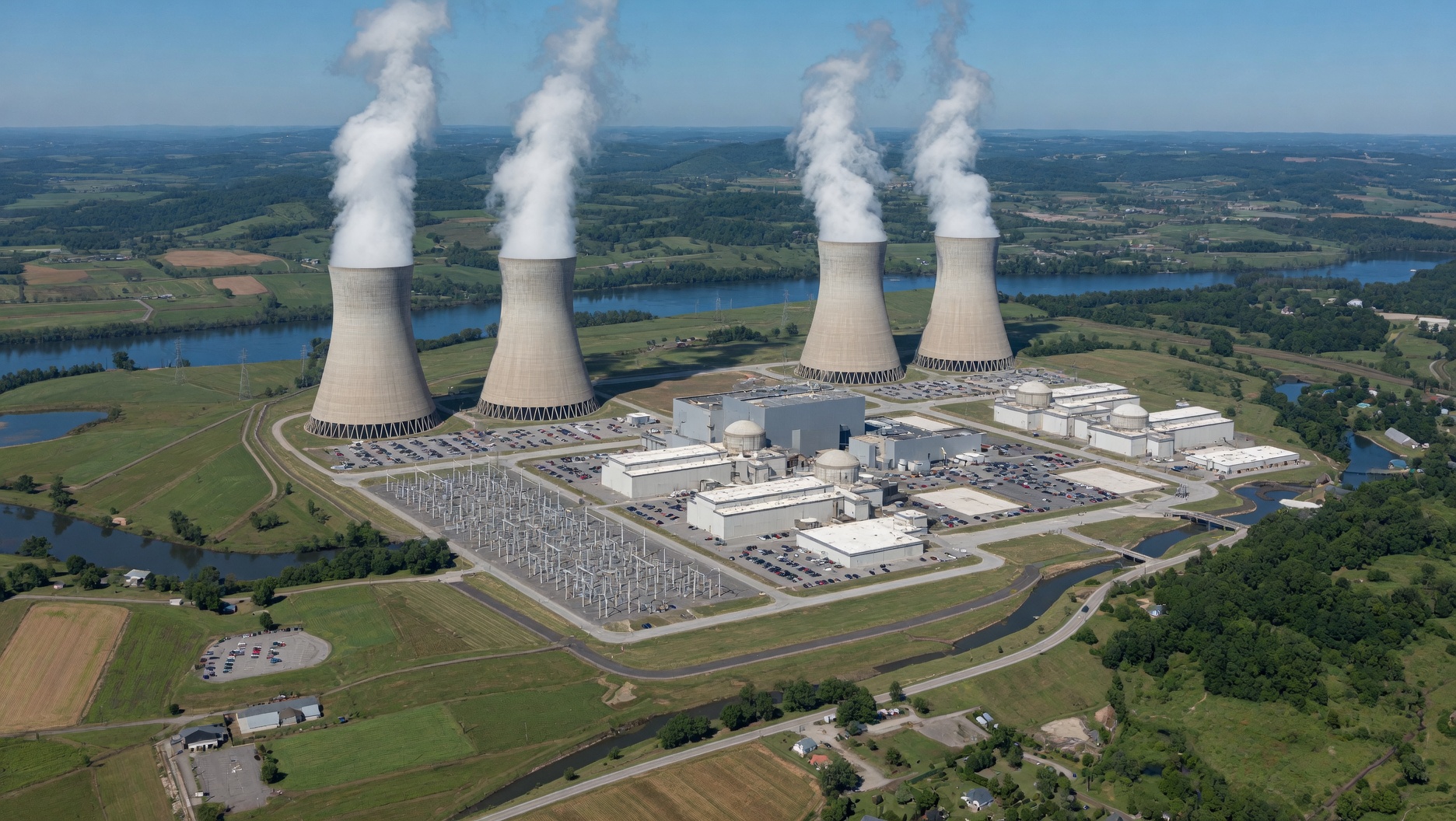 Aerial view of Hartsville Nuclear Plant showing all four cooling towers and plant facilities